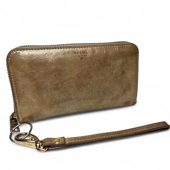 Fossil Distressed Leather Metallic Gold Clutch Wallet Zip Around Bi Fold Shiny - Picture 1 of 12